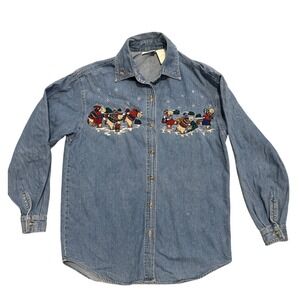 Bobbie Brooks Christmas Denim Shirt Embroidered Bears Button Down Long Sleeve
